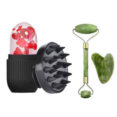2025 Facial Massager kit Jade Roller & Gua Sha Tool Natural Himalayan Stone for Face Neck Healing Skin Wrinkles & Serum Application Hair Scalp & Ice Massager (MULTY COLOURED) Pack Of 4