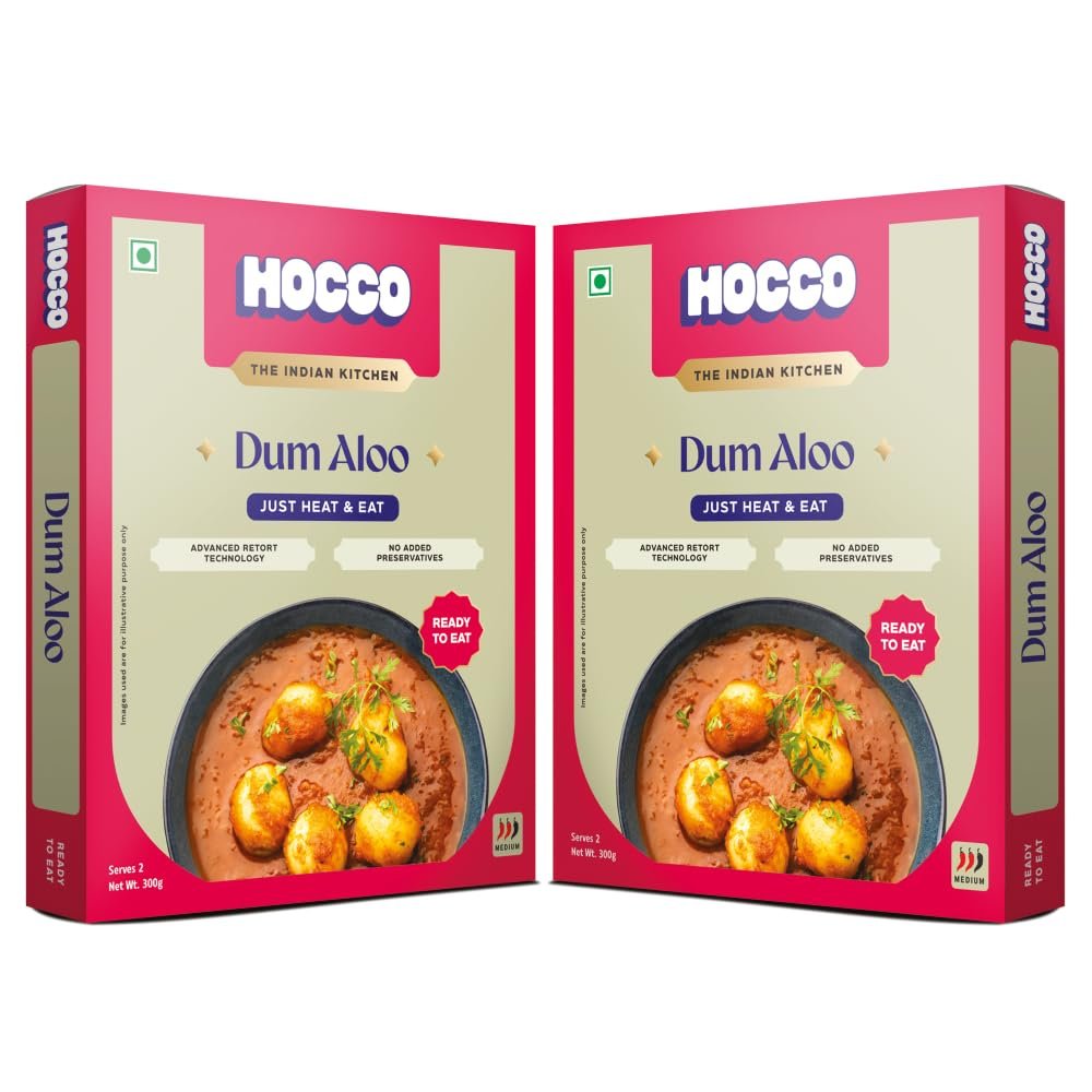 Hocco Dum Aloo Sabji Ready To Eat | Just Heat & Eat | Authentic Pure Veg Indian Food | No Added Preservatives Or Artificial Colors | Meal Ready In 5 Minutes | Microwaveable | Serves 2 | 300 gm (Dum Aloo Sabji-Pack of 2)