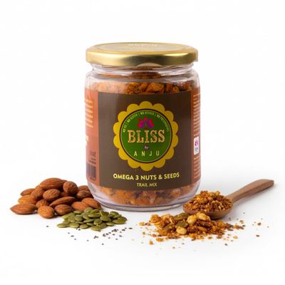 Bliss by Anju Omega-3 Nuts & Seeds Trail Mix 250g | Contains 60g Protein Per Pack | Crunchy Guilt-Free Snack with Almonds, Cashews, Fox Nuts, Seeds & Dates | No Sugar, No Oil | Healthy Energy Boost