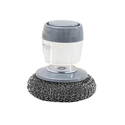 Hopopro Stainless Steel Scrubber with Soap Dispensing Handle, Heavy Duty Pot Scrubber, Palm Brush with Replaceable Steel Wool Scouring Pad Used for Dishes, Pots, Pans, Grills, Sink, Gray