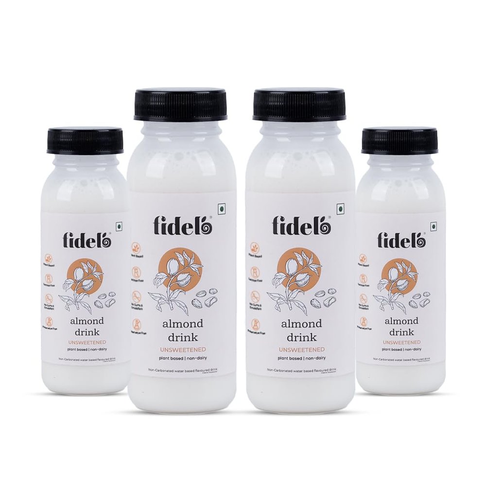 Fidelo Almond Drink | Unsweetened | PP Bottle | Free from Gums and Emulsifiers | Lactose Free | Soya Free | Zero cholesterol | No Added Preservatives | Pack of 4 | 200 ml each