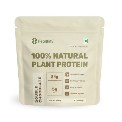 Healthifyme 100% Natural Plant Protein Powder, Double Chocolate, Easy to Digest With 21G Plant Based Protein - 5G BCAA, Gluten Free, Dairy Free, No Added Sugar