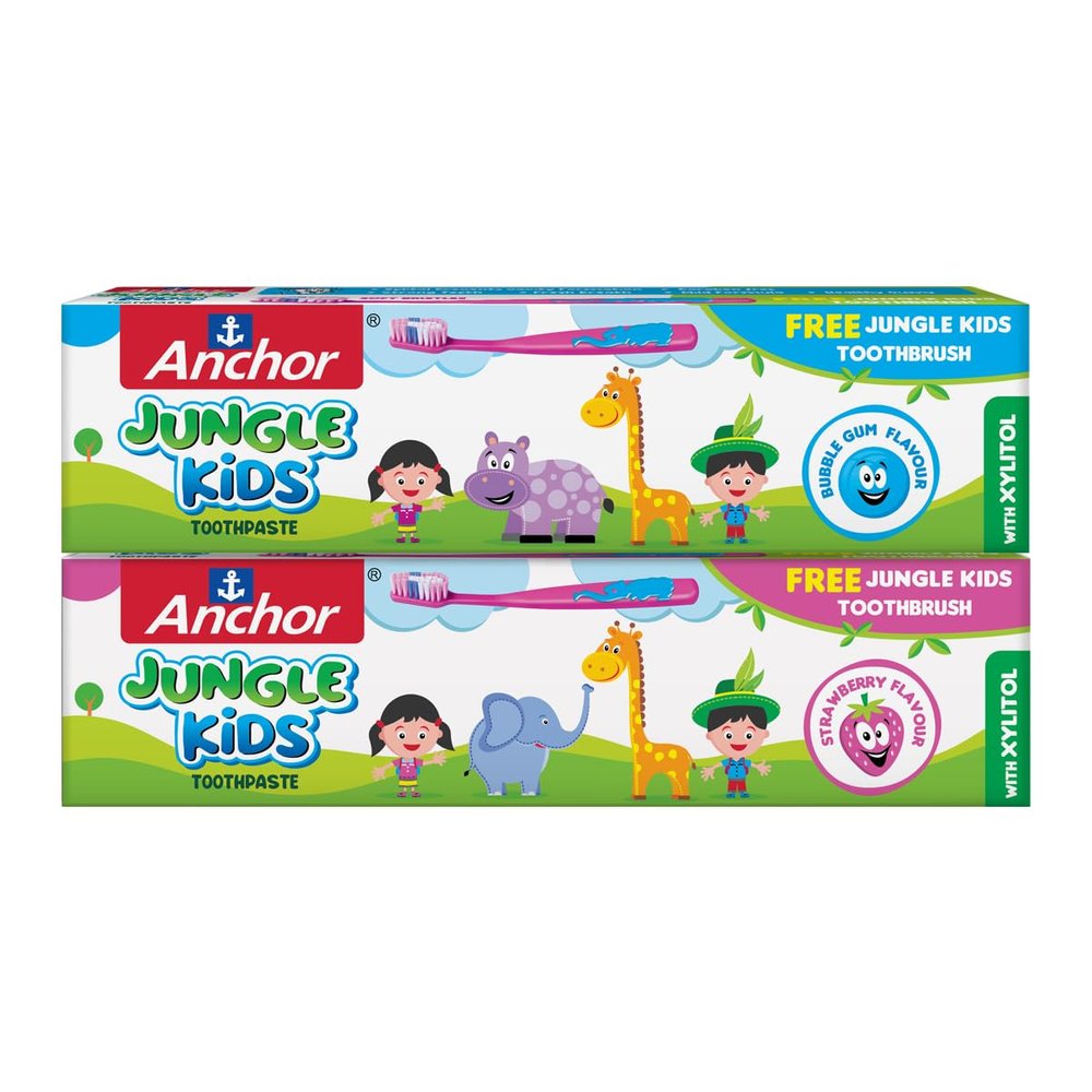 Anchor Jungle Kids Toothpaste  Strawberry & Bubblegum Flavours, 50g Each with Free Toothbrush | Gentle Oral Care for Kids | Cavity Protection & Fruity Taste