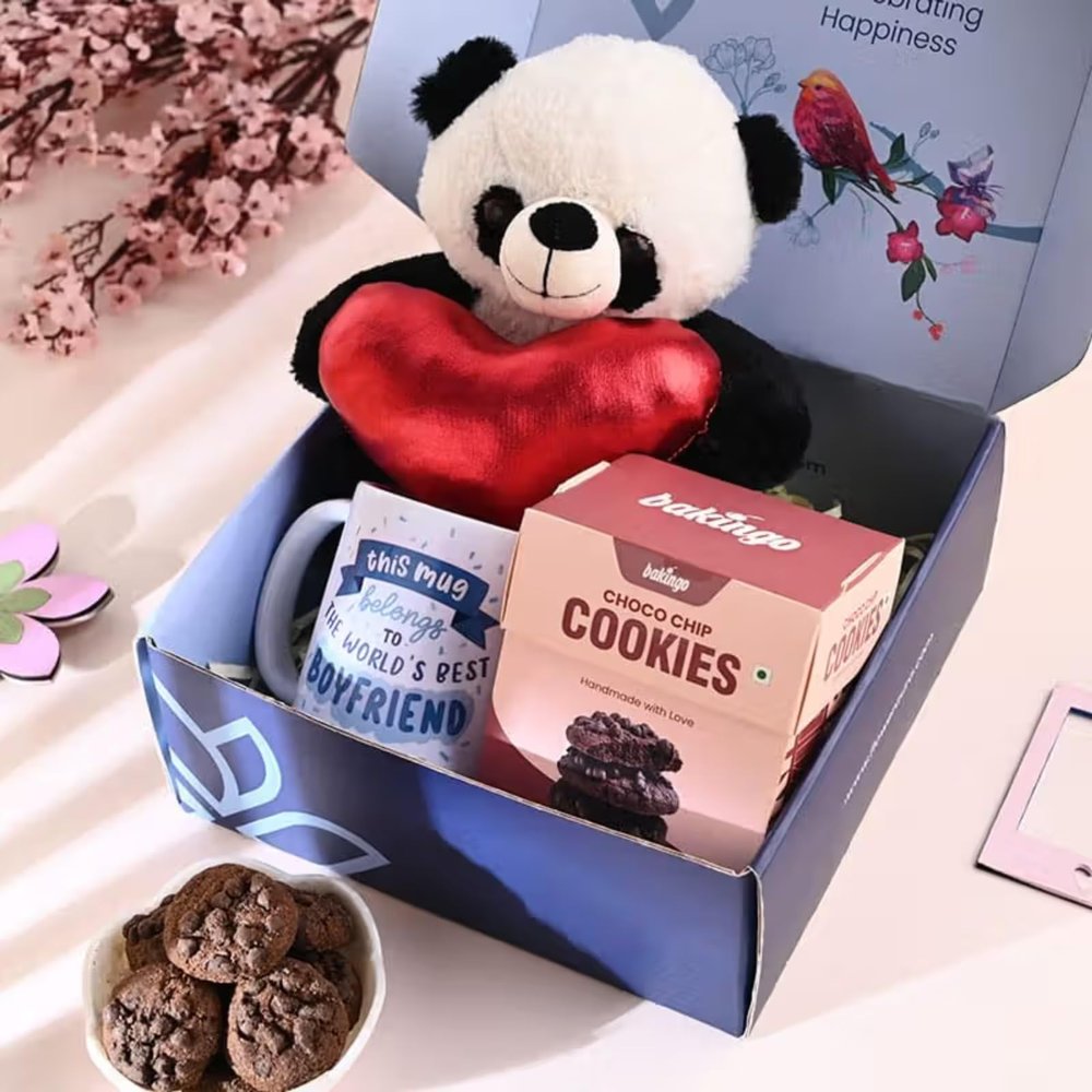 FlowerAura Sweet Love Romantic Gift Hamper of Teddy Panda, Coffee Mug, Cookies In Box For Birthday & Anniversary Gift, Valentine's Day Gift For Boyfriend & Husband, Boyfriend's Day Gift