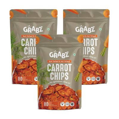 GRABZ Crunchy Carrot Chips | Solar-Dried, Air-Cooked | Vitamin-Rich, Low Fat Healthy Snack  20g Each (Pack of 3)