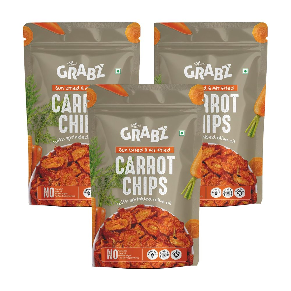 GRABZ Crunchy Carrot Chips | Solar-Dried, Air-Cooked | Vitamin-Rich, Low Fat Healthy Snack  20g Each (Pack of 3)