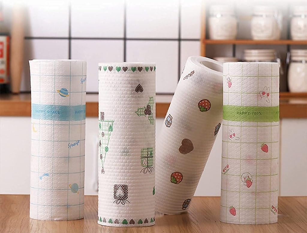 Dezva Non Woven Reusable and Washable Kitchen Printed Tissue Roll Non-stick Oil Absorbing Paper Roll Kitchen Special Paper Towel Wipe Paper Dish Cloth Cleaning Cloth 50 sheets (5 Roll)