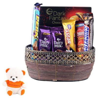 SFU E Com Beautiful Wooden Basket With Loaded Tasty Chocolates | Valentine Love Teddy Bear With Chocolate Combo | Valentine Chocolate Hamper | 753