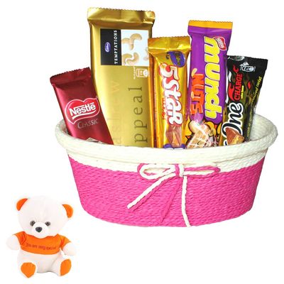 SFU E Com All Time Favourite Chocolates Hamper With Beautiful Tie Basket | Valentine Love Teddy Bear With Chocolate Combo | Valentine Chocolate Hamper | 099