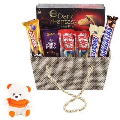 SFU E Com Chocolate Basket Gift Hamper | Valentine Love Teddy Bear With Chocolate Combo | Valentine Chocolate Hamper | 809