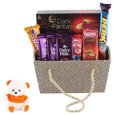 SFU E Com Choco Fills Gift Hamper | Valentine Love Teddy Bear With Chocolate Combo | Valentine Chocolate Hamper | 843