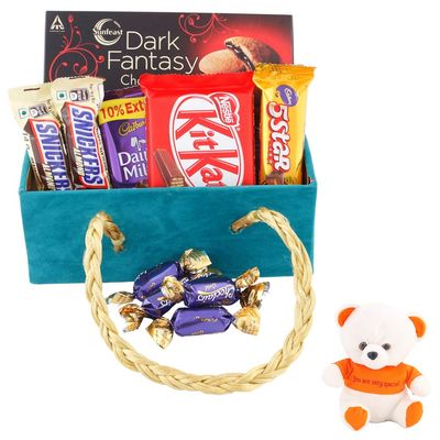 SFU E Com 11 Pieces Multipurpose Basket With Chocolates | Valentine Love Teddy Bear With Chocolate Combo | Valentine Chocolate Hamper | 243