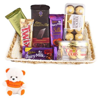 SFU E Com Beautiful Chocolate Combo With Wooden Basket Hamper | Valentine Love Teddy Bear With Chocolate Combo | Valentine Chocolate Hamper | 534