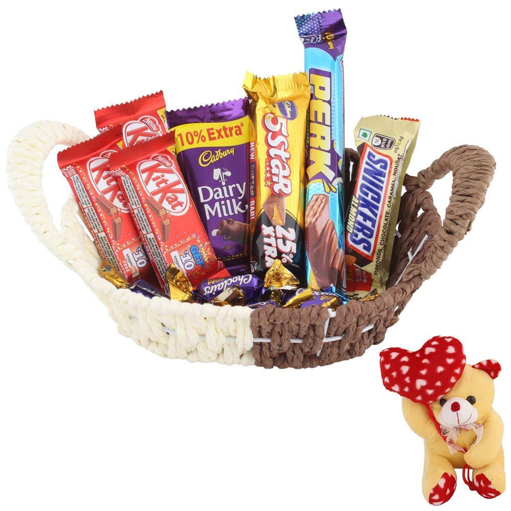 SFU E Com Chocolate Basket Hamper | Valentine Heart Teddy Bear With Chocolate Combo | Valentine Chocolate Hamper | 360