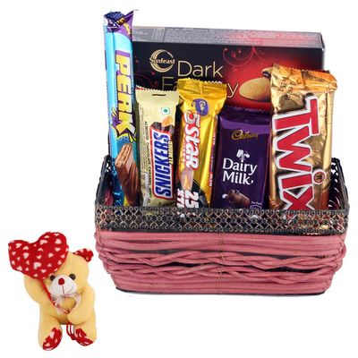 SFU E Com Beautiful Basket With Tasty Almond Chocolate | Valentine Heart Teddy Bear With Chocolate Combo | Valentine Chocolate Hamper | 730