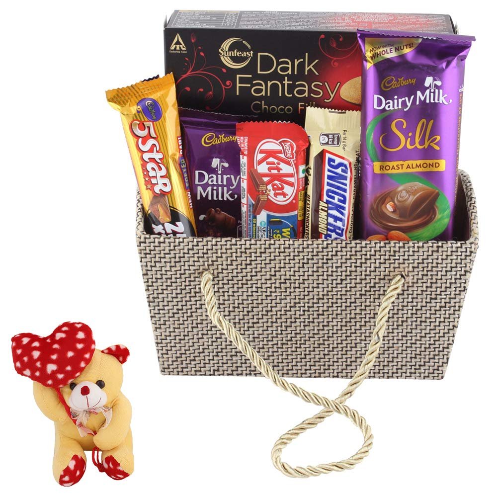 SFU E Com Almond Chocolate Gift Hamper | Valentine Heart Teddy Bear With Chocolate Combo | Valentine Chocolate Hamper | 811