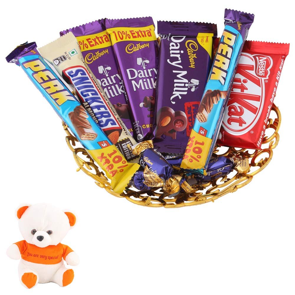 SFU E Com 12 Pieces Chocolates Gift Hamper And Beautiful Tray | Valentine Love Teddy Bear With Chocolate Combo | Valentine Chocolate Hamper | 047