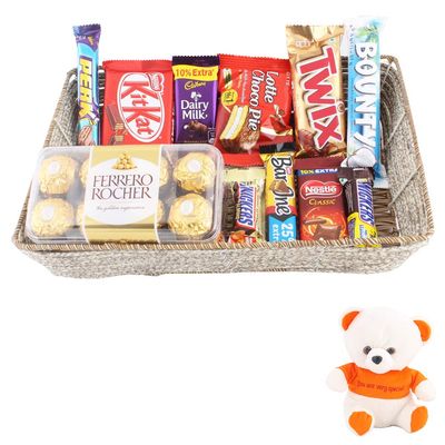SFU E Com Basket With Tasty Chocolates & Rocher Gift | Valentine Love Teddy Bear With Chocolate Combo | Valentine Chocolate Hamper | 429
