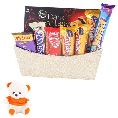 SFU E Com Beautiful Golden Wooden Basket With 6 Pieces Chocolates | Valentine Love Teddy Bear With Chocolate Combo | Valentine Chocolate Hamper | 223