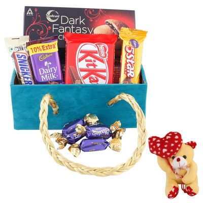SFU E Com 9 Pieces Premium Chocolate Celebration Hamper | Valentine Heart Teddy Bear With Chocolate Combo | Valentine Chocolate Hamper | 221