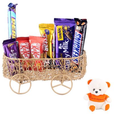SFU E Com 7 Pieces Creamy Combo With Beautiful Basket | Valentine Love Teddy Bear With Chocolate Combo | Valentine Chocolate Hamper | 701