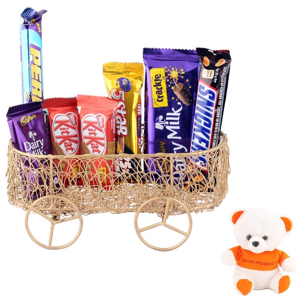 SFU E Com 7 Pieces Creamy Combo With Beautiful Basket | Valentine Love Teddy Bear With Chocolate Combo | Valentine Chocolate Hamper | 701
