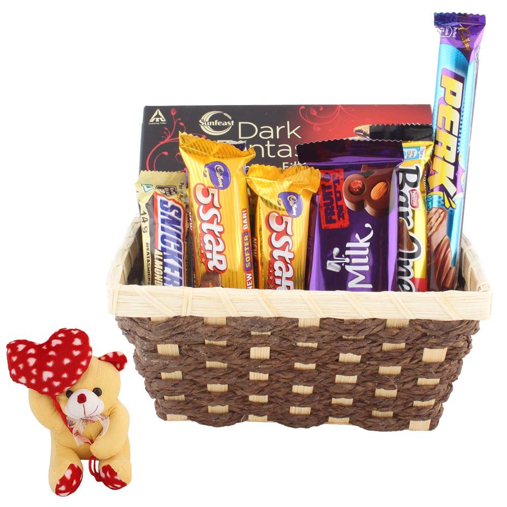SFU E Com Basket Loaded With Chocolates | Valentine Heart Teddy Bear With Chocolate Combo | Valentine Chocolate Hamper | 459