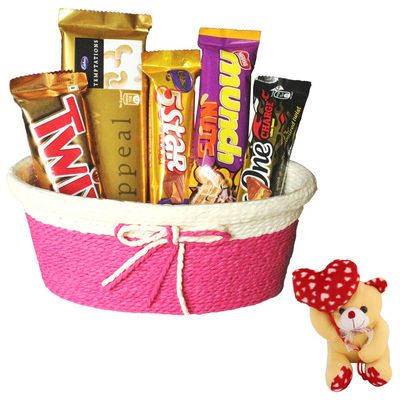 SFU E Com Attractive Chocolate Hamper With Attractive Tie Basket | Valentine Heart Teddy Bear With Chocolate Combo | Valentine Chocolate Hamper | 094