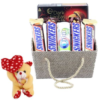 SFU E Com Beautiful Basket With peanut Chocolates | Valentine Heart Teddy Bear With Chocolate Combo | Valentine Chocolate Hamper | 1054