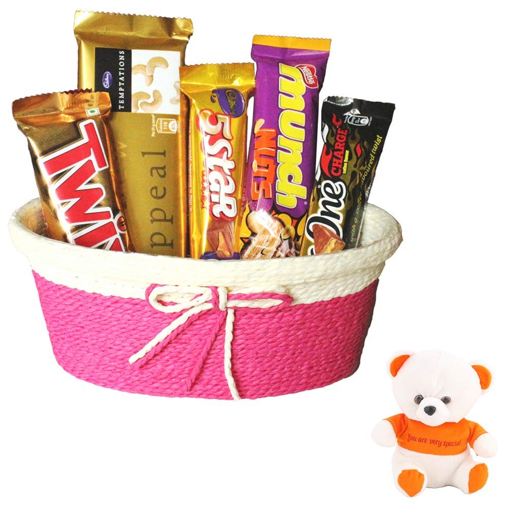 SFU E Com Attractive Chocolate Hamper With Attractive Tie Basket | Valentine Love Teddy Bear With Chocolate Combo | Valentine Chocolate Hamper | 094