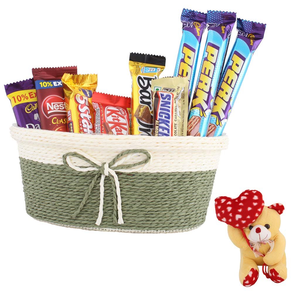 SFU E Com Beautiful Basket With Choco Gift Combo | Valentine Heart Teddy Bear With Chocolate Combo | Valentine Chocolate Hamper | 335