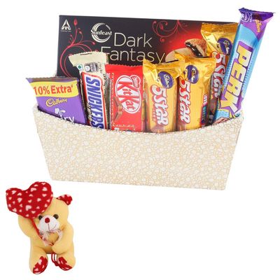 SFU E Com Beautiful Golden Wooden Basket With 6 Pieces Chocolates | Valentine Heart Teddy Bear With Chocolate Combo | Valentine Chocolate Hamper | 223