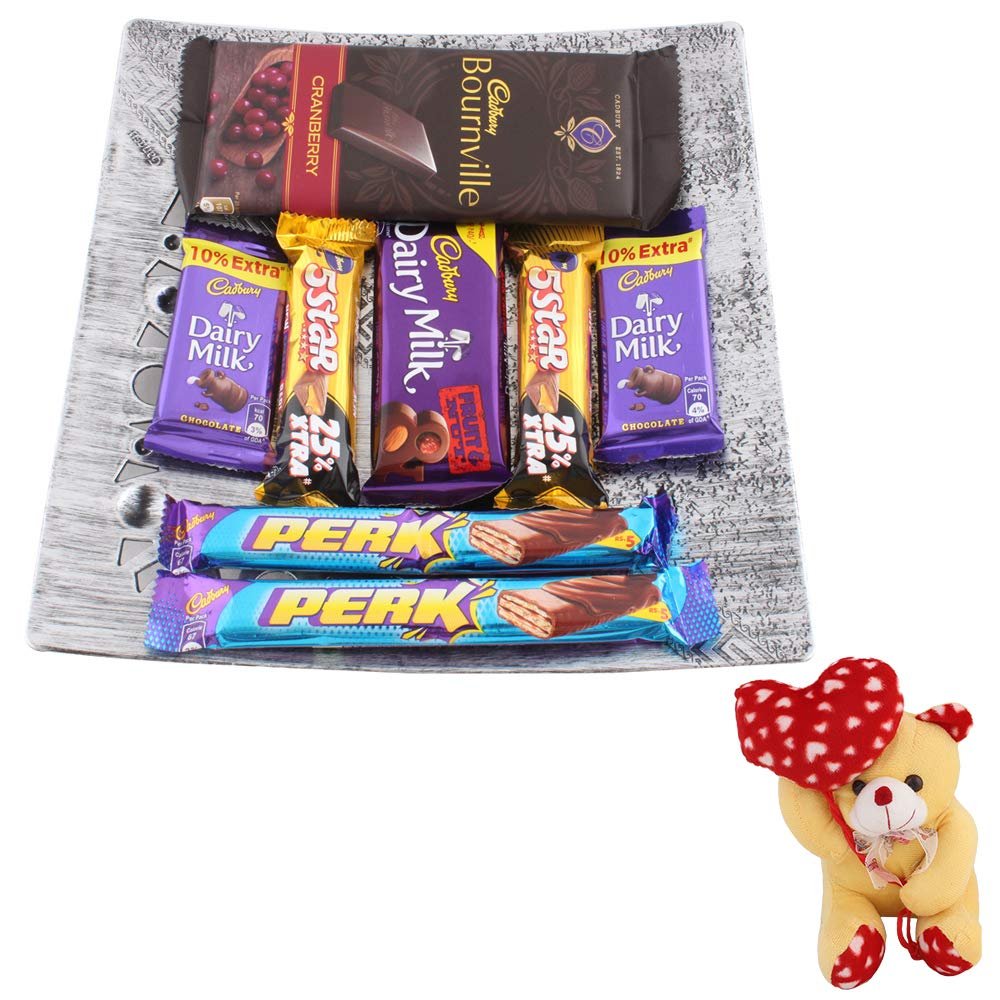 SFU E Com Bournville Chocolate Gift Hamper With Tray | Valentine Heart Teddy Bear With Chocolate Combo | Valentine Chocolate Hamper | 551