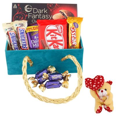 SFU E Com 11 Pieces Multipurpose Basket With Chocolates | Valentine Heart Teddy Bear With Chocolate Combo | Valentine Chocolate Hamper | 243