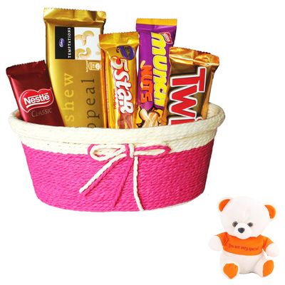 SFU E Com Best Wishes Premium Chocolate Basket | Valentine Love Teddy Bear With Chocolate Combo | Valentine Chocolate Hamper | 100