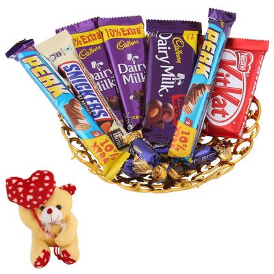 SFU E Com 12 Pieces Chocolates Gift Hamper And Beautiful Tray | Valentine Heart Teddy Bear With Chocolate Combo | Valentine Chocolate Hamper | 047