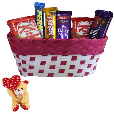 SFU E Com Chocolate Celebration Hamper With Designer Basket | Valentine Heart Teddy Bear With Chocolate Combo | Valentine Chocolate Hamper | 020