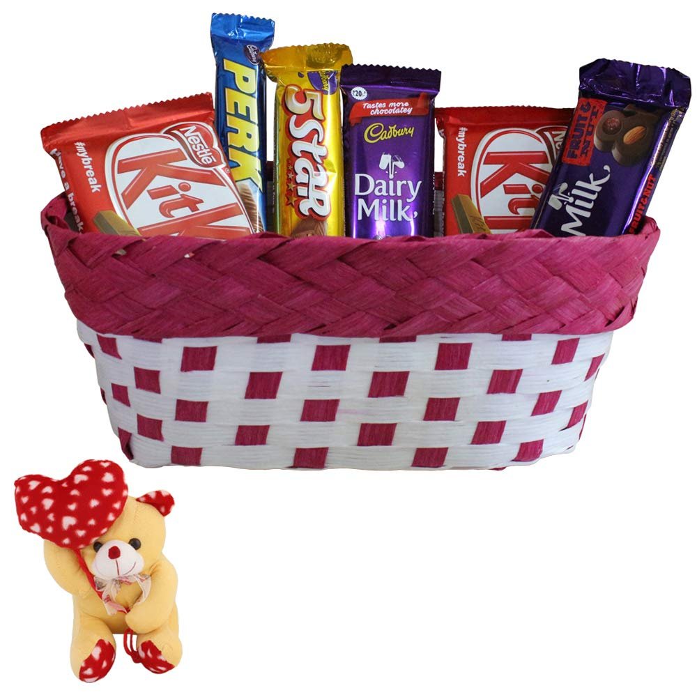 SFU E Com Chocolate Celebration Hamper With Designer Basket | Valentine Heart Teddy Bear With Chocolate Combo | Valentine Chocolate Hamper | 020