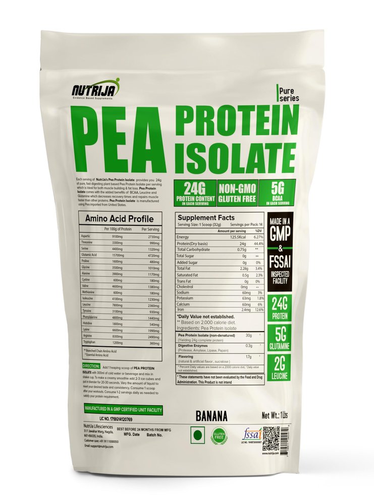 NutriJa Pea Protein Isolate 85% with added Digestive Enzymes 100% Vegan & Plant-Based, BCAAs, Amino Acid, Non-GMO  14 Servings (1 Lbs (Banana))