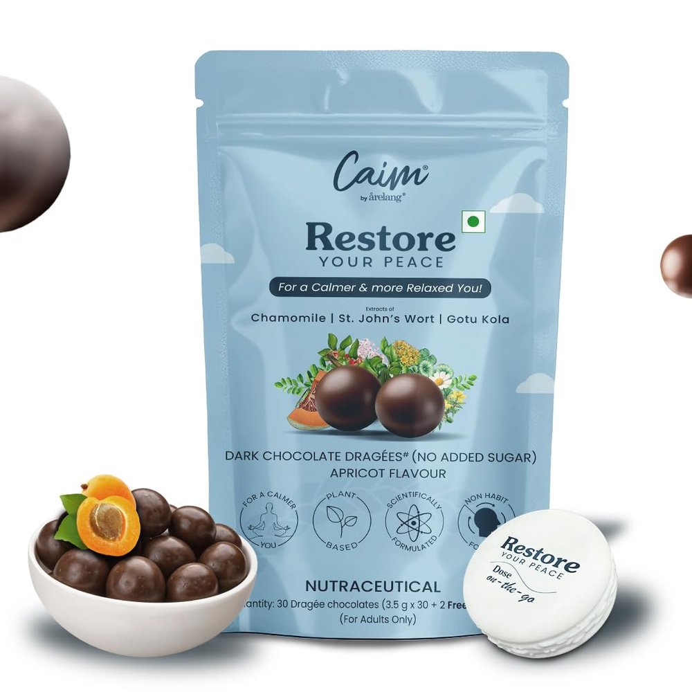 Caim by arelang Restore Your Peace | Stress Relief Dark Chocolate | Natural Cortisol Regulation with 7 Plant-Based Extracts | Vegan, Sugar-Free & Non-Habit Forming | Clinically Tested | 30 Pcs