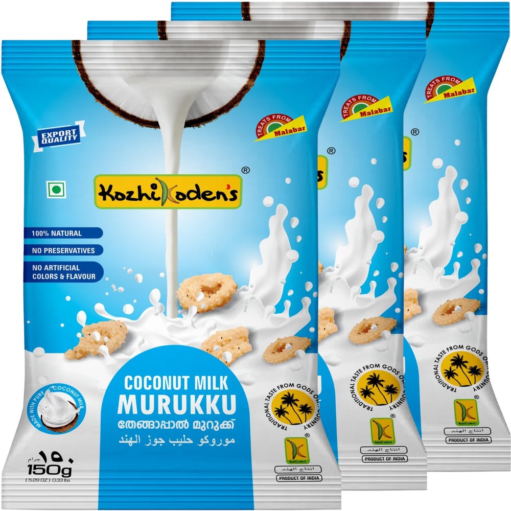 KOZHIKODEN'S Coconut Milk Murukku | 450g (3 Packs x 150g) | Traditional Kerala Snack | Coconut Flavored Chakli | Crispy & Crunchy Tea-Time Snack