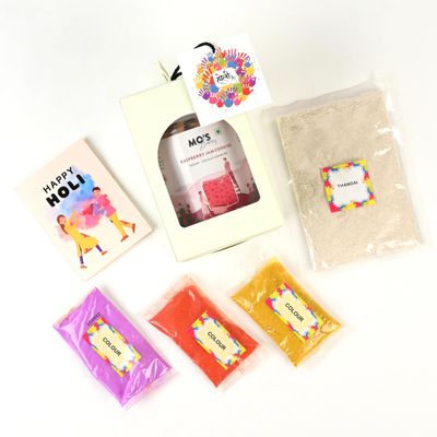 Mo's Bakery Holi Blue Gift Box with Raspberry Cookies, Holi Colours and Thandai Mix | Cookies Gift Box for Holi | Herbal Gulal 15g x 3 colours | Corporate & Festive Gifts | Skin Friendly Holi colour