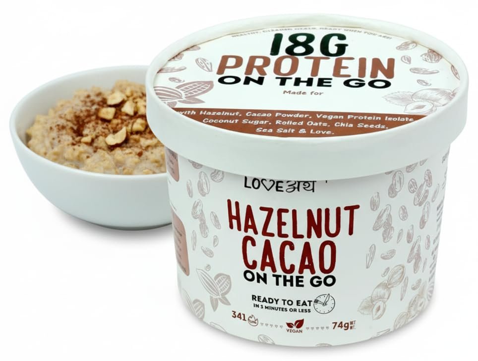 LoveArth 18g Protein Oats Cup | Hazelnut Cacao | High Protein, Sugar Free, Vegan & Gluten Free | Ready to Eat Breakfast in 3 Minutes | Clean Label Oats 74g Cup
