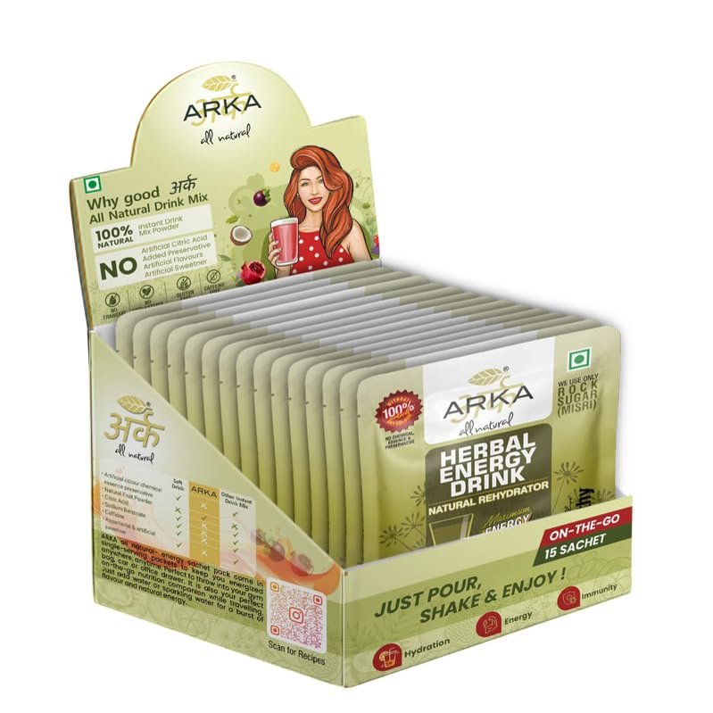 Arka All Natural Herbal Energy Drink Powder  15 Sachet Box | Caffeine-Free | Boosts Immunity & Hydration | No Artificial Additives | Ayurvedic Blend