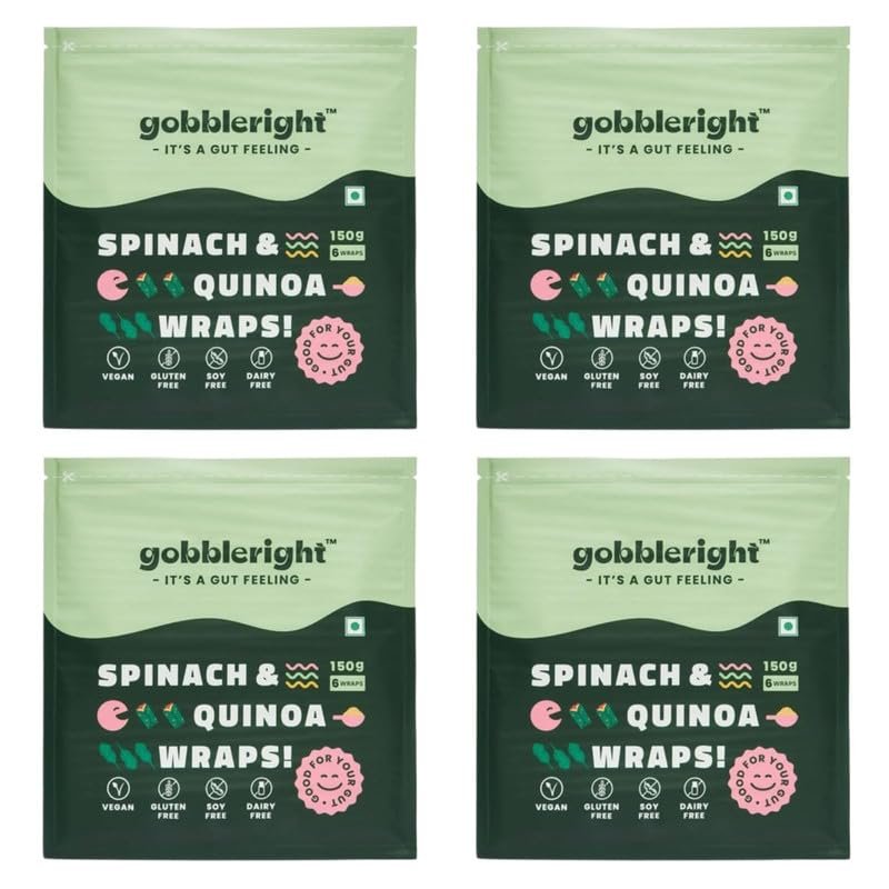 GOBBLERIGHT Spinach & Quinoa Wrap 150g (6 Wraps - Pack of 3) | Low GI & High in Protein | Plant Based & Fibre Packed | Gluten Free & Vegan | Healthy Frozen Tortilla for Burrito, Wraps, Tacos