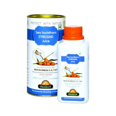 Biosash Seabuckthorn Stressaid Juice 250ml | Ayurvedic Blend with Brahmi, Shankhpushpi & Ashwagandha | Helps Stress Relief, Mental Clarity & Wellness  Omega-Rich 3 6 7 9