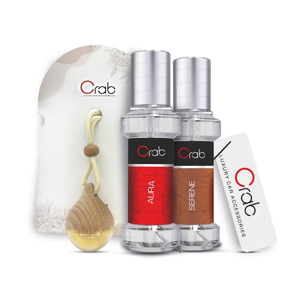 Crab Car Spray Perfume & Diffuser Combo | Aura, Serene & Musk Scents | Premium Essential Oils for Car, Home & Office | Long-Lasting Air Freshener Set with Elegant Diffuser