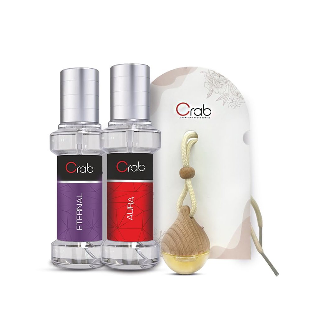 Crab Car Spray Perfume & Diffuser Combo Aura, Eternal & Musk Scents | Premium Essential Oils for Car, Home & Office | Long-Lasting Air Freshener Set with Elegant Diffuser
