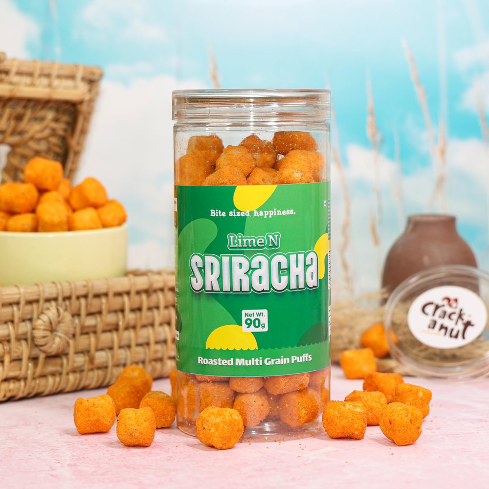CRACK A NUT Roasted Multi-Grain Puffs | Lime N Sriracha Flavor I Healthy&Tasty Snacks | Millet Snack | 100% Veg | Gluten Free | No added Sugar | No Trans-Fat (90 G, Lime N Sriracha)