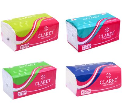 Claret Polypack Facial Tissues 2-Ply, Super Soft, 500 Sheets (250 Pulls/Pack), 18x20 cm, Multipurpose Dry Tissues, Pack of 4 Ideal for home, office and travel